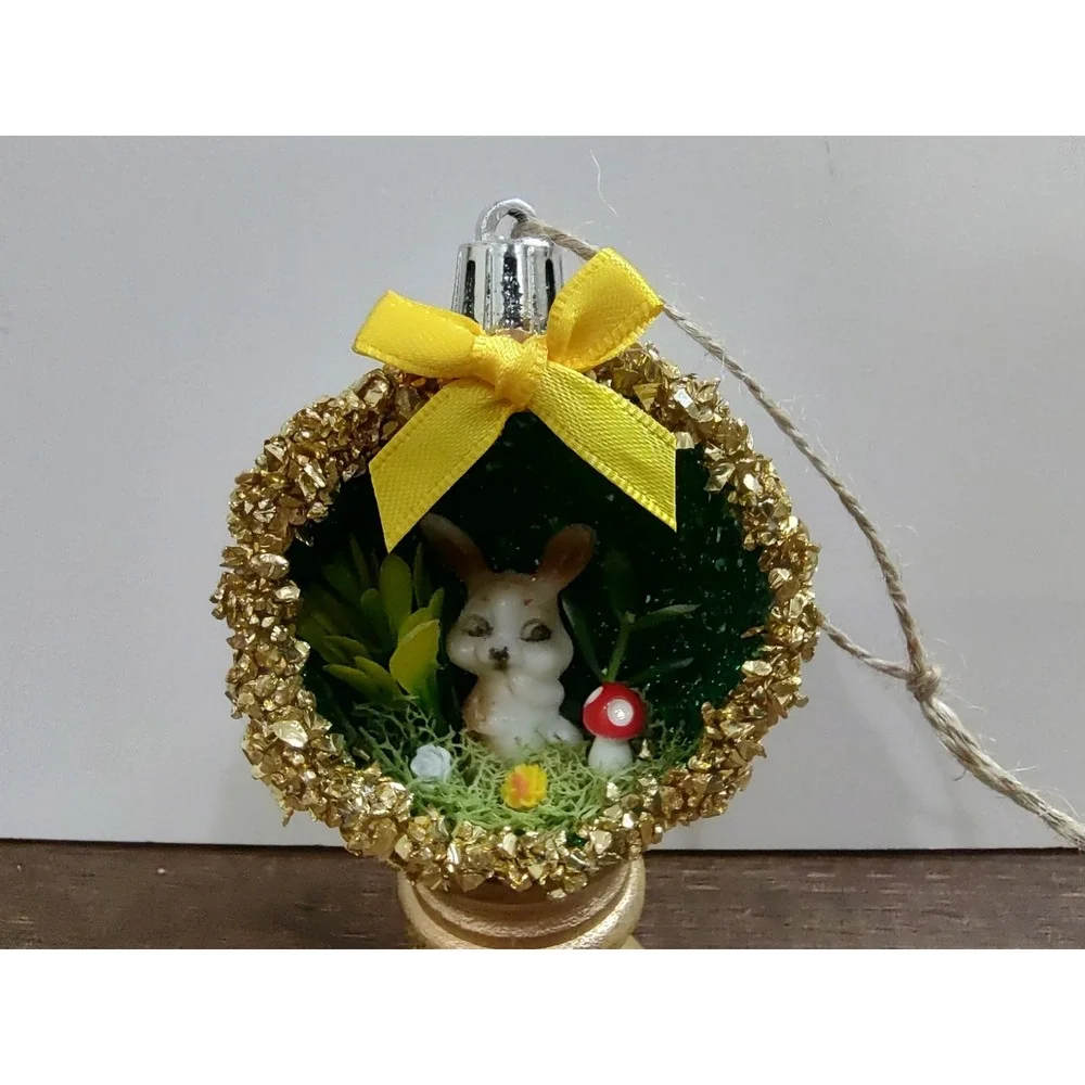 Bunny Rabbit Christmas Ornament Handmade Vtg Style OOAK Shatterproof Diorama